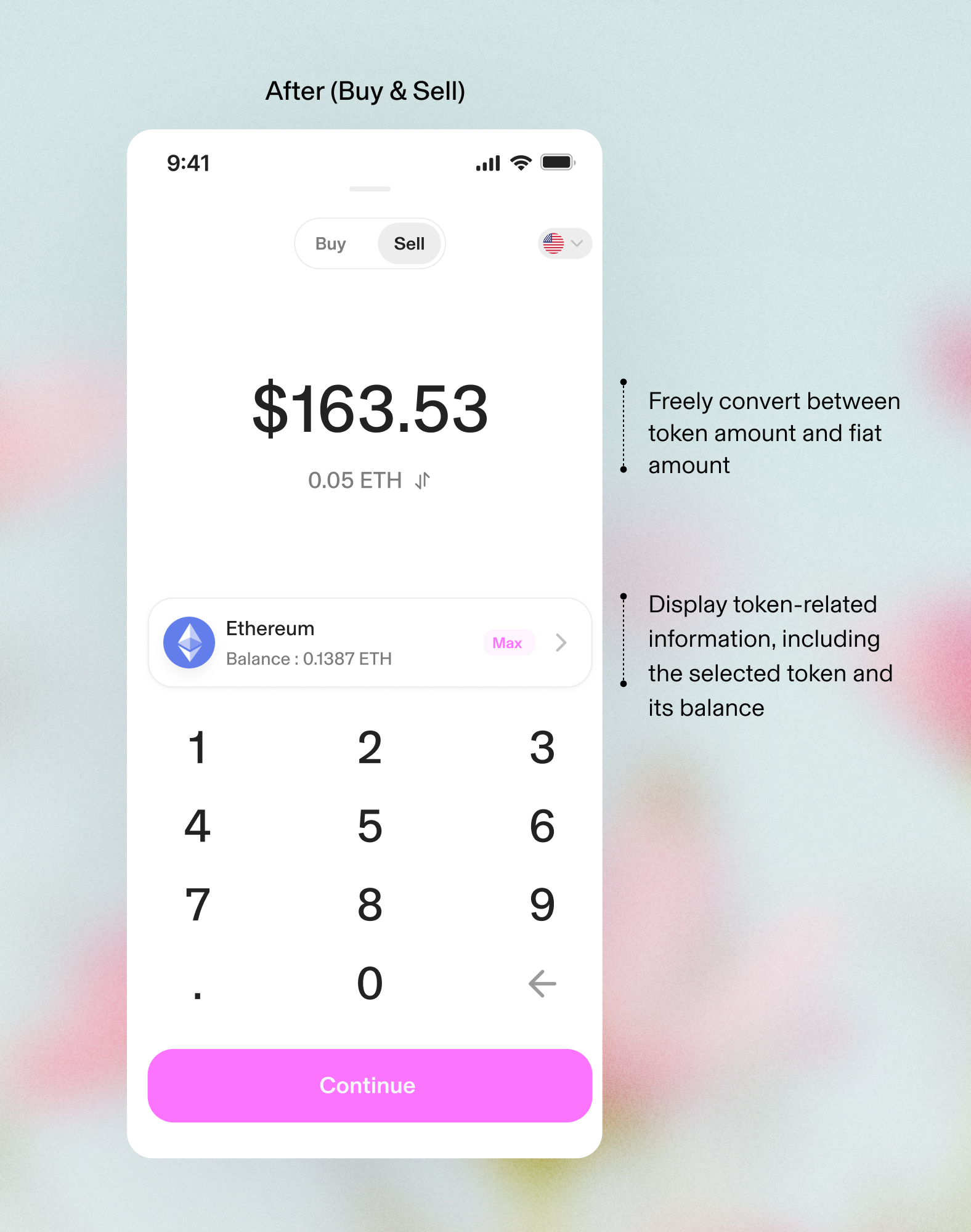 After: Buy & Sell toggle, balance, and updated sell flow