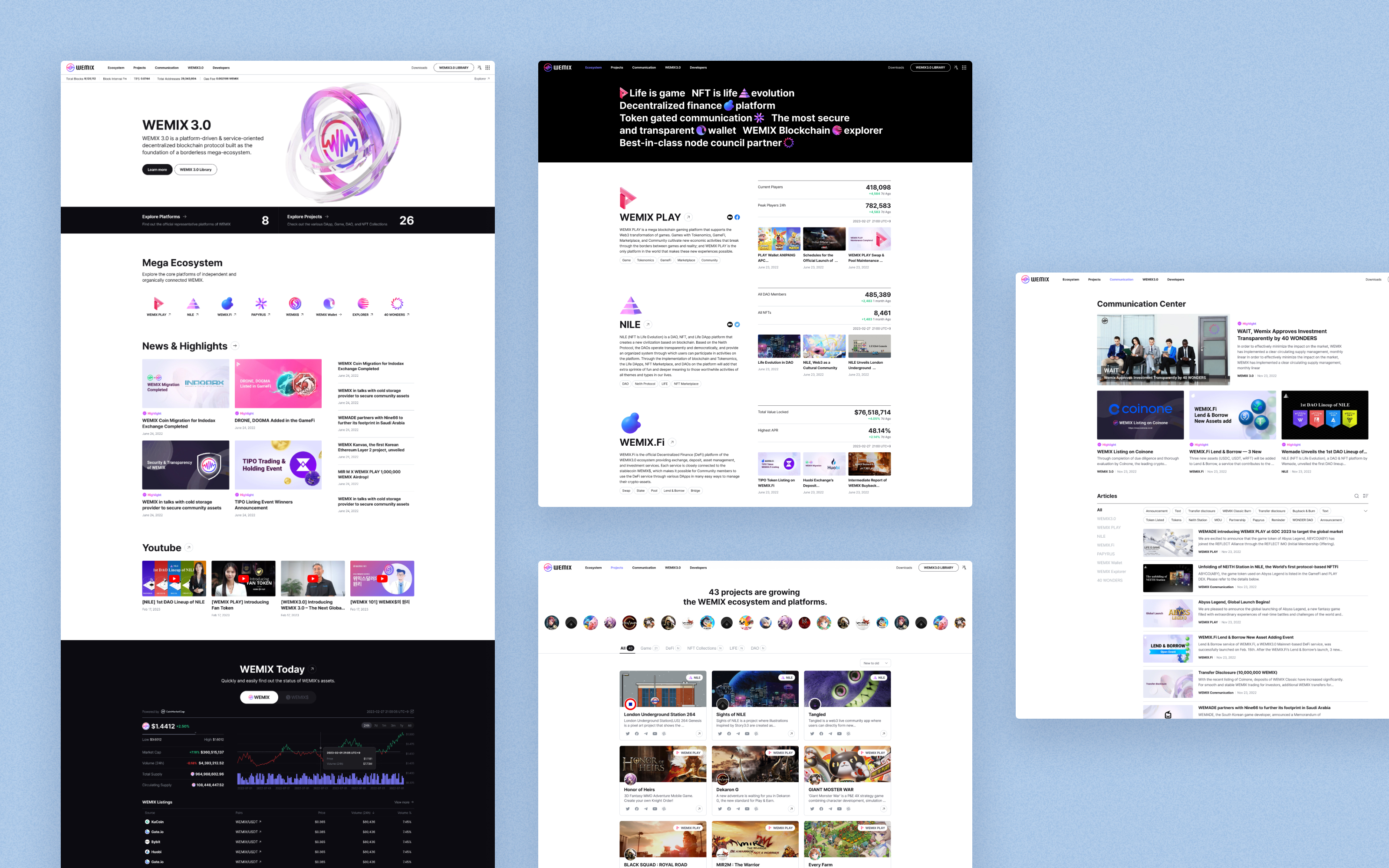 WEMIX 3.0 ecosystem — home, platforms overview, projects gallery, and news hub