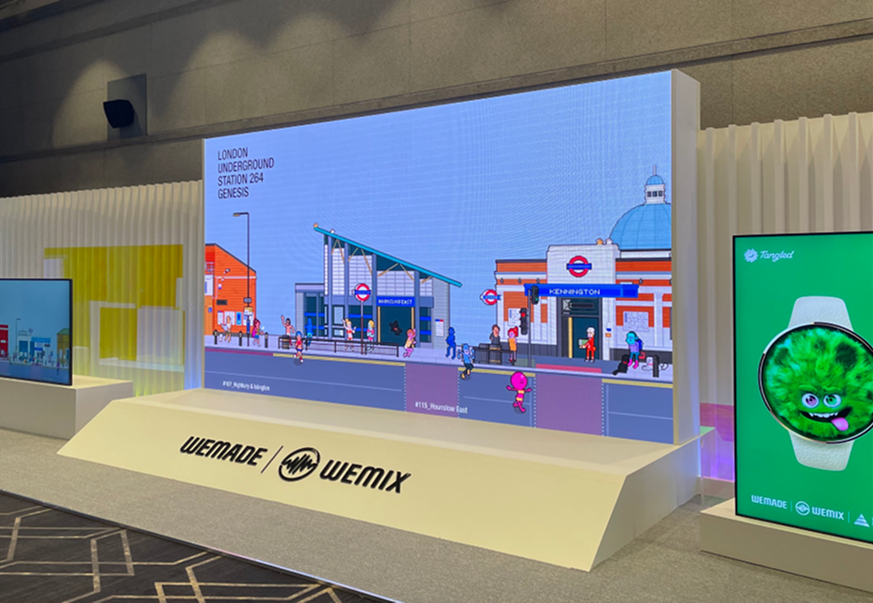 Wemade and WEMIX exhibition booth with large LED displays